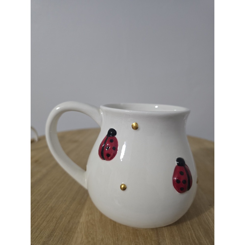 Ladybug Mugs Garden Party 3D Lady Bug Mug Cup Gold Polka Dots 19.4 Fl Oz New